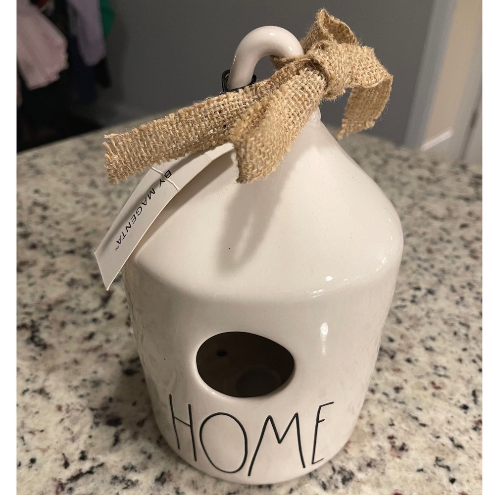 Rae Dunn HOME Birdhouse w/Burlap Bow Round Spring 3 Flowers New 8‎ In